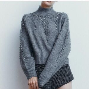 NWT ZARA JEWEL BEADED KNIT SWEATER